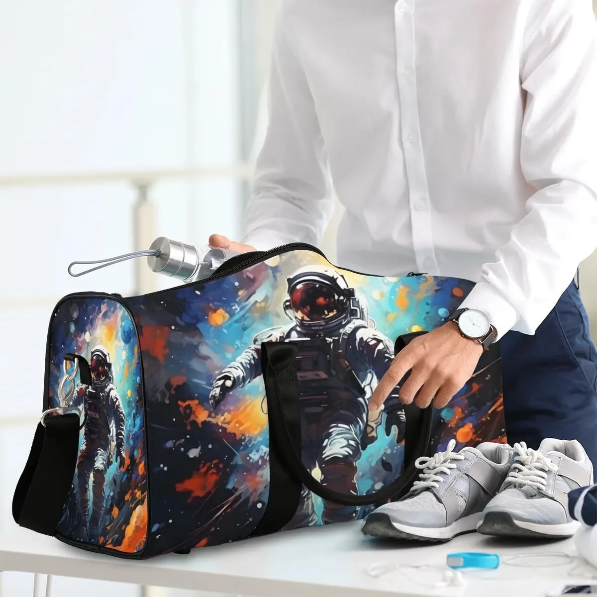 Astronaut Print Travel Duffel Bag for Women Men Waterproof Foldable Overnight Weekender Bag Large Capacity Sports Gym Bag