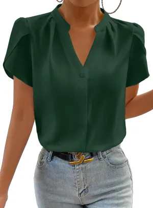 Astylish Women's Dressy Notched V Neck Tops Business Work Cap Sleeve Chiffon Blouse Shirts