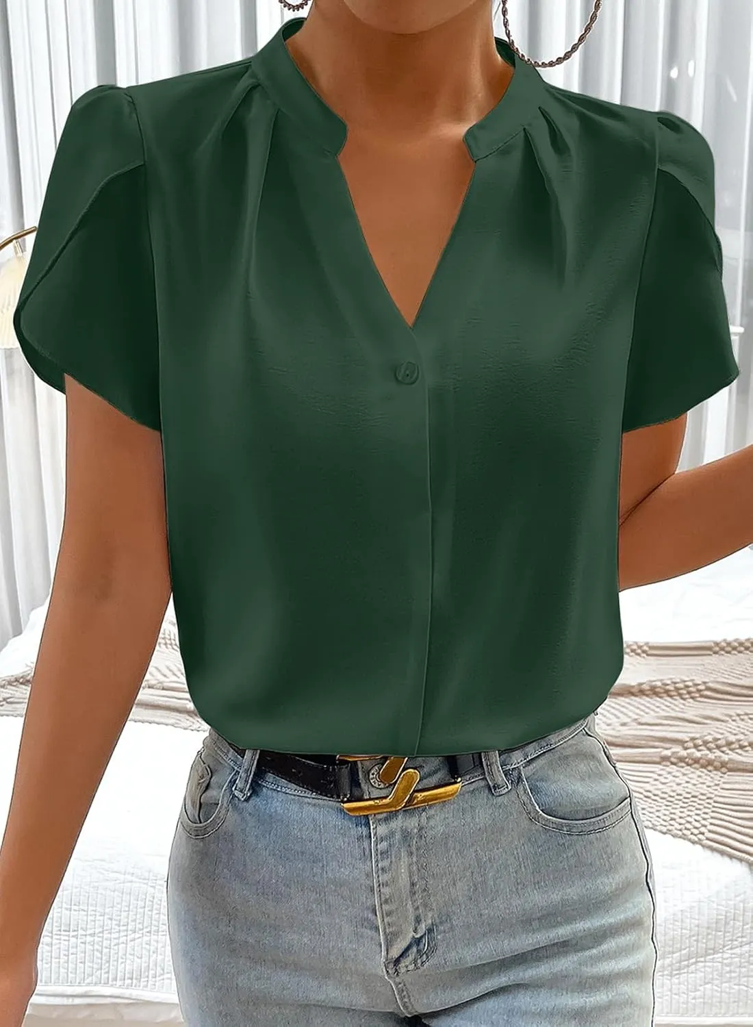 Astylish Women's Dressy Notched V Neck Tops Business Work Cap Sleeve Chiffon Blouse Shirts