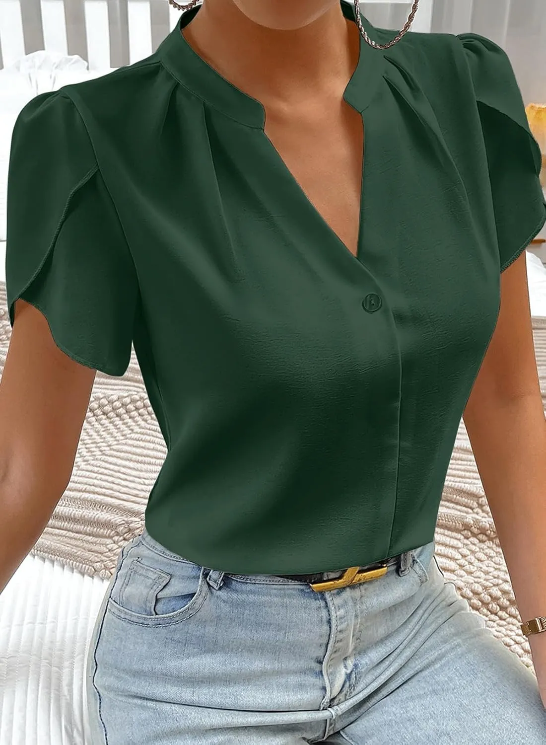 Astylish Women's Dressy Notched V Neck Tops Business Work Cap Sleeve Chiffon Blouse Shirts