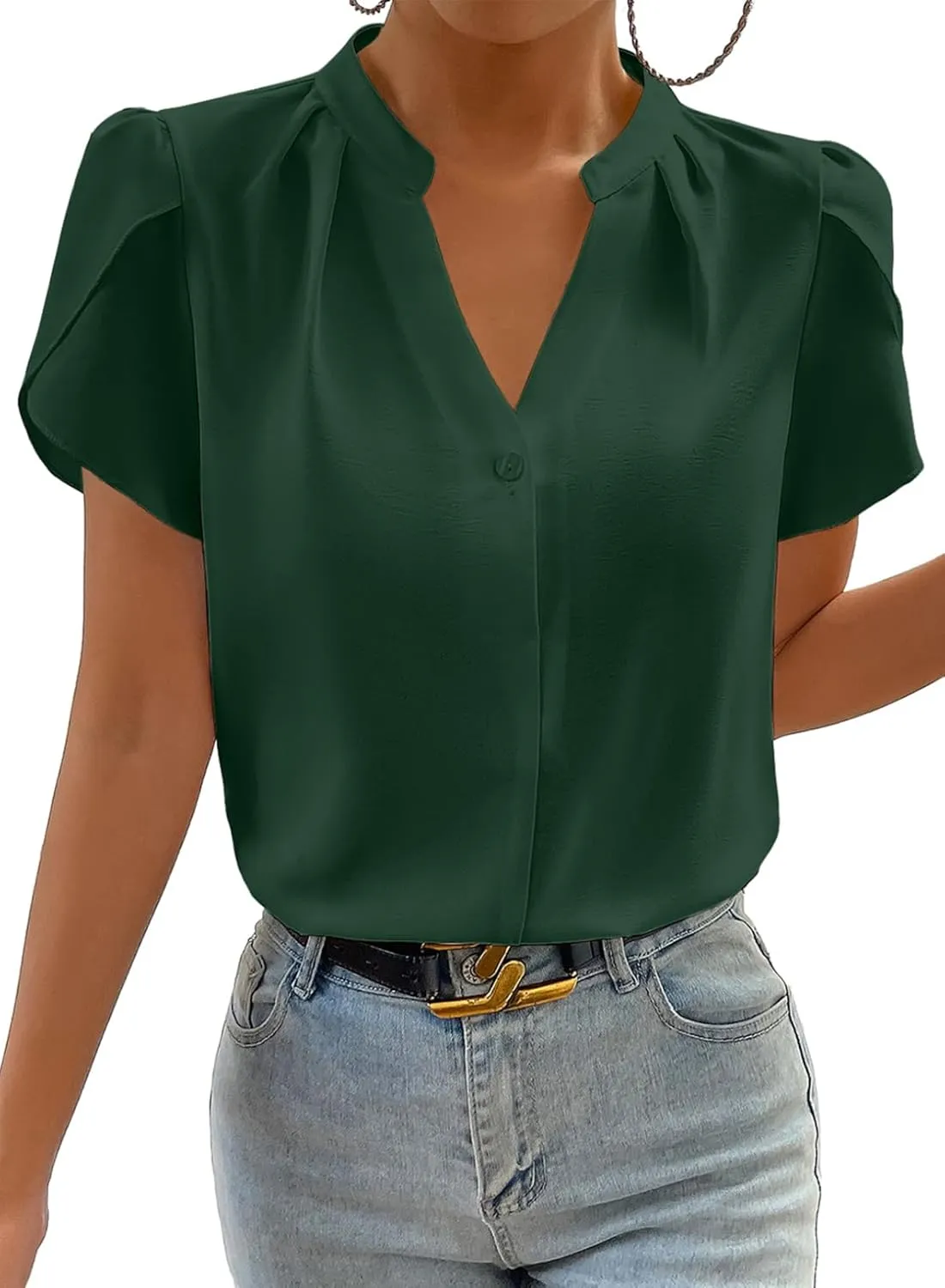 Astylish Women's Dressy Notched V Neck Tops Business Work Cap Sleeve Chiffon Blouse Shirts