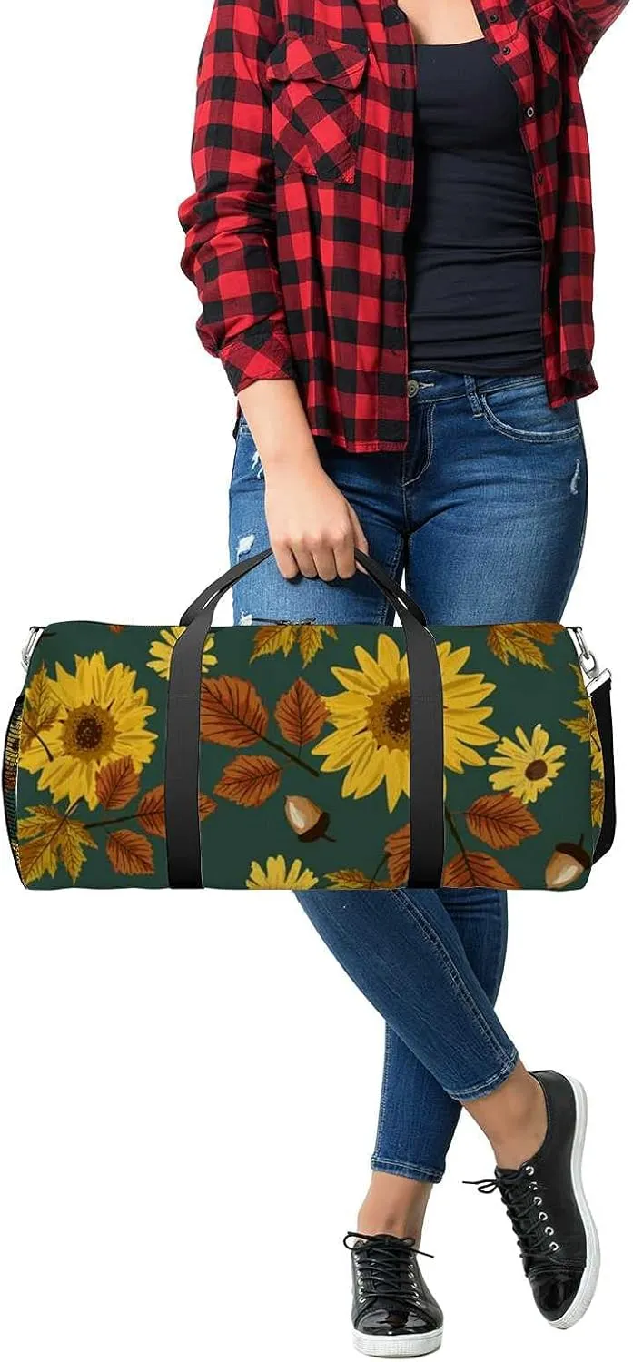 Autumn Maple Sunflowers Sports Duffel Bag Travel Gym Tote Bags Lightweight Durable Shoulder Strap Waterproof Polyester Outside Mesh Pocket Overnight Trip Duffel Bag for Women Men
