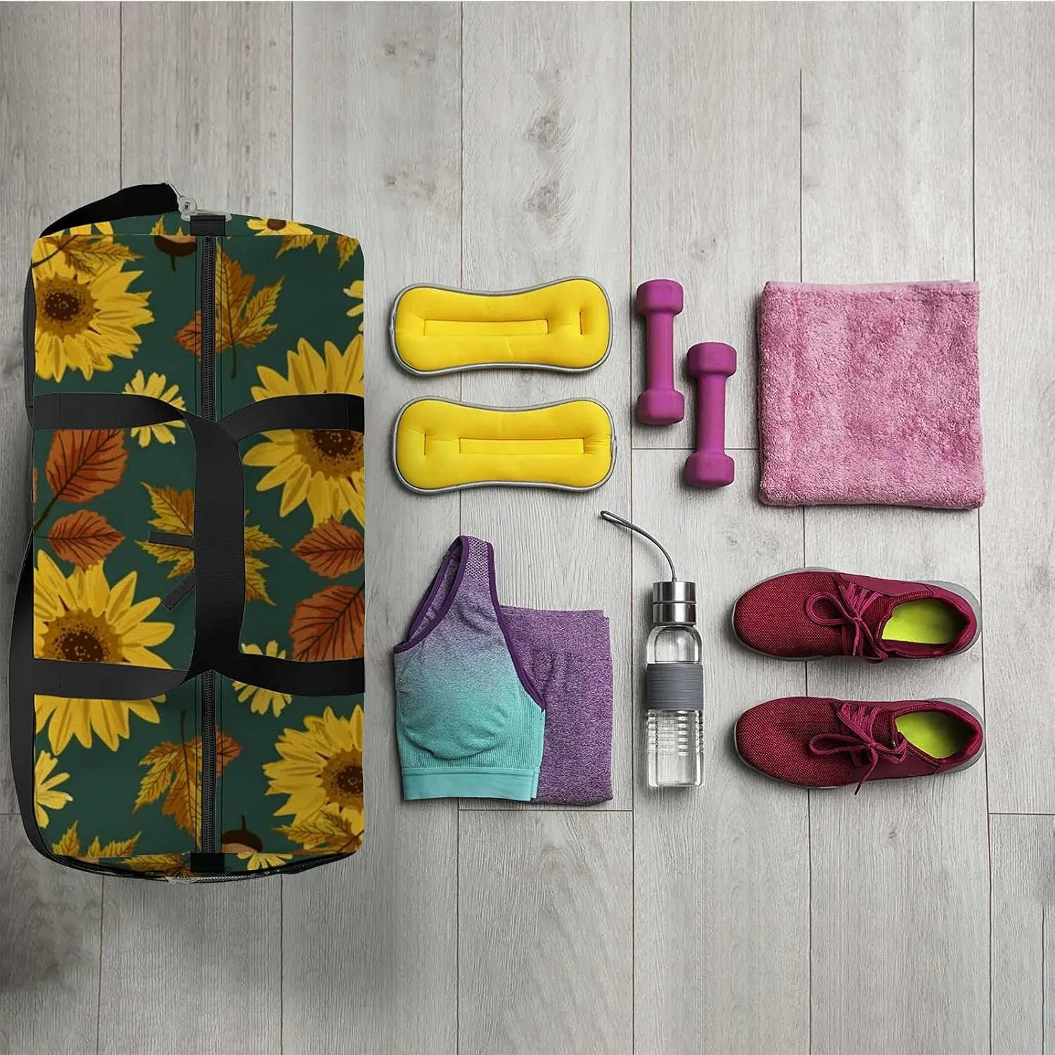Autumn Maple Sunflowers Sports Duffel Bag Travel Gym Tote Bags Lightweight Durable Shoulder Strap Waterproof Polyester Outside Mesh Pocket Overnight Trip Duffel Bag for Women Men