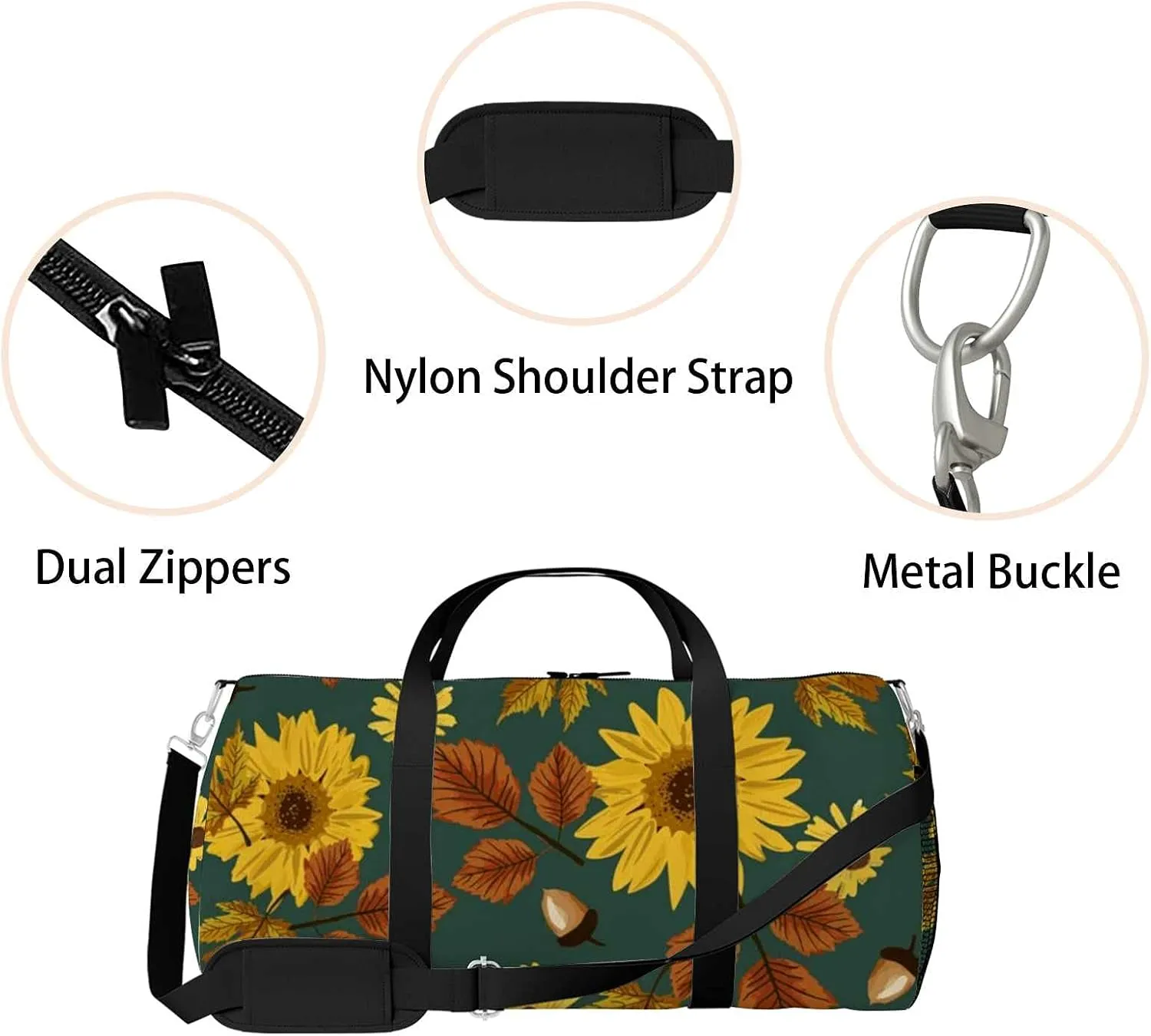 Autumn Maple Sunflowers Sports Duffel Bag Travel Gym Tote Bags Lightweight Durable Shoulder Strap Waterproof Polyester Outside Mesh Pocket Overnight Trip Duffel Bag for Women Men