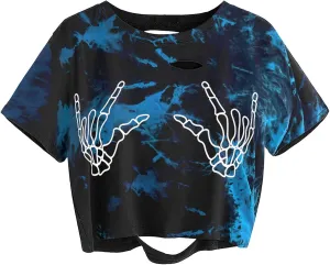 Avanova Women Skull Finger Graphic Distressed Tee Shirt Ripped Short Sleeve Crop Tops
