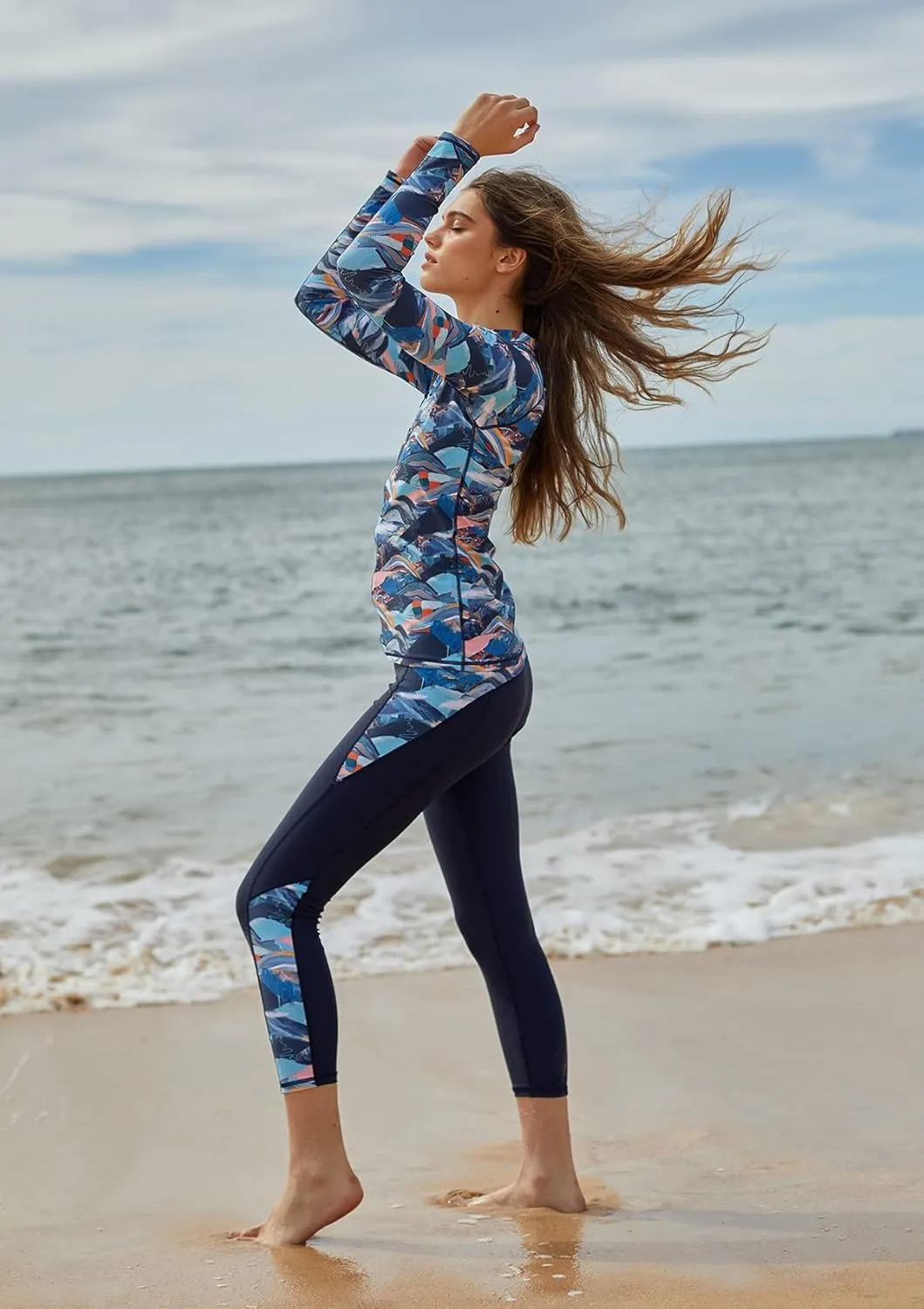 AXESEA Women Long Sleeve Rash Guard UPF 50  UV Sun Protection Zip Front Swimsuit Shirt Printed Surfing Shirt Top