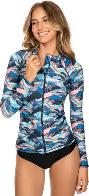 AXESEA Women Long Sleeve Rash Guard UPF 50  UV Sun Protection Zip Front Swimsuit Shirt Printed Surfing Shirt Top