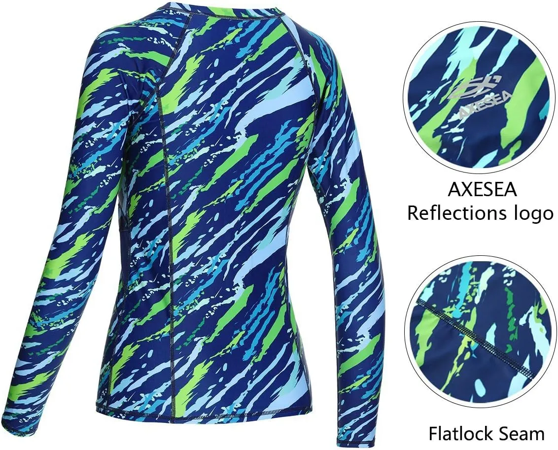 AXESEA Women Long Sleeve Rash Guard UPF 50  UV Sun Protection Zip Front Swimsuit Shirt Printed Surfing Shirt Top