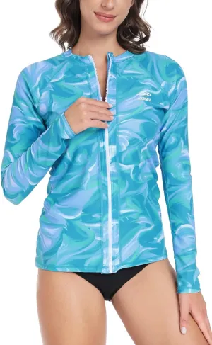 AXESEA Women Long Sleeve Rash Guard UPF 50  UV Sun Protection Zip Front Swimsuit Shirt Printed Surfing Shirt Top