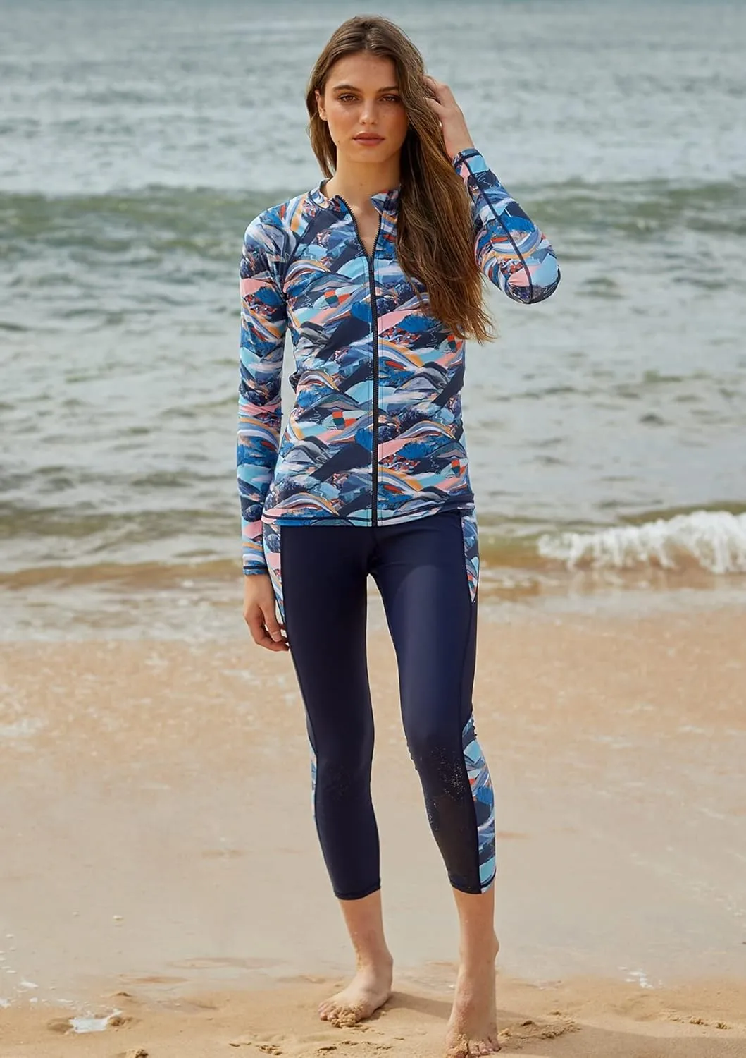 AXESEA Women Long Sleeve Rash Guard UPF 50  UV Sun Protection Zip Front Swimsuit Shirt Printed Surfing Shirt Top