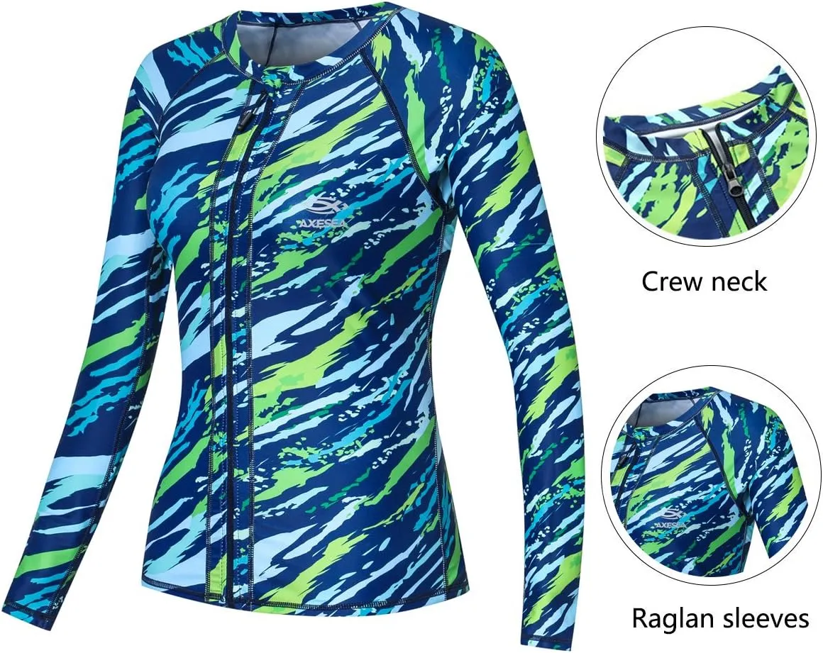 AXESEA Women Long Sleeve Rash Guard UPF 50  UV Sun Protection Zip Front Swimsuit Shirt Printed Surfing Shirt Top