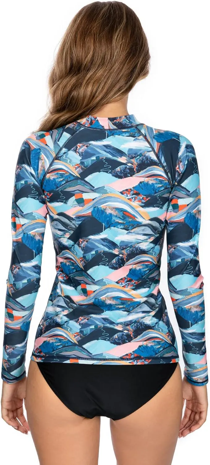 AXESEA Women Long Sleeve Rash Guard UPF 50  UV Sun Protection Zip Front Swimsuit Shirt Printed Surfing Shirt Top
