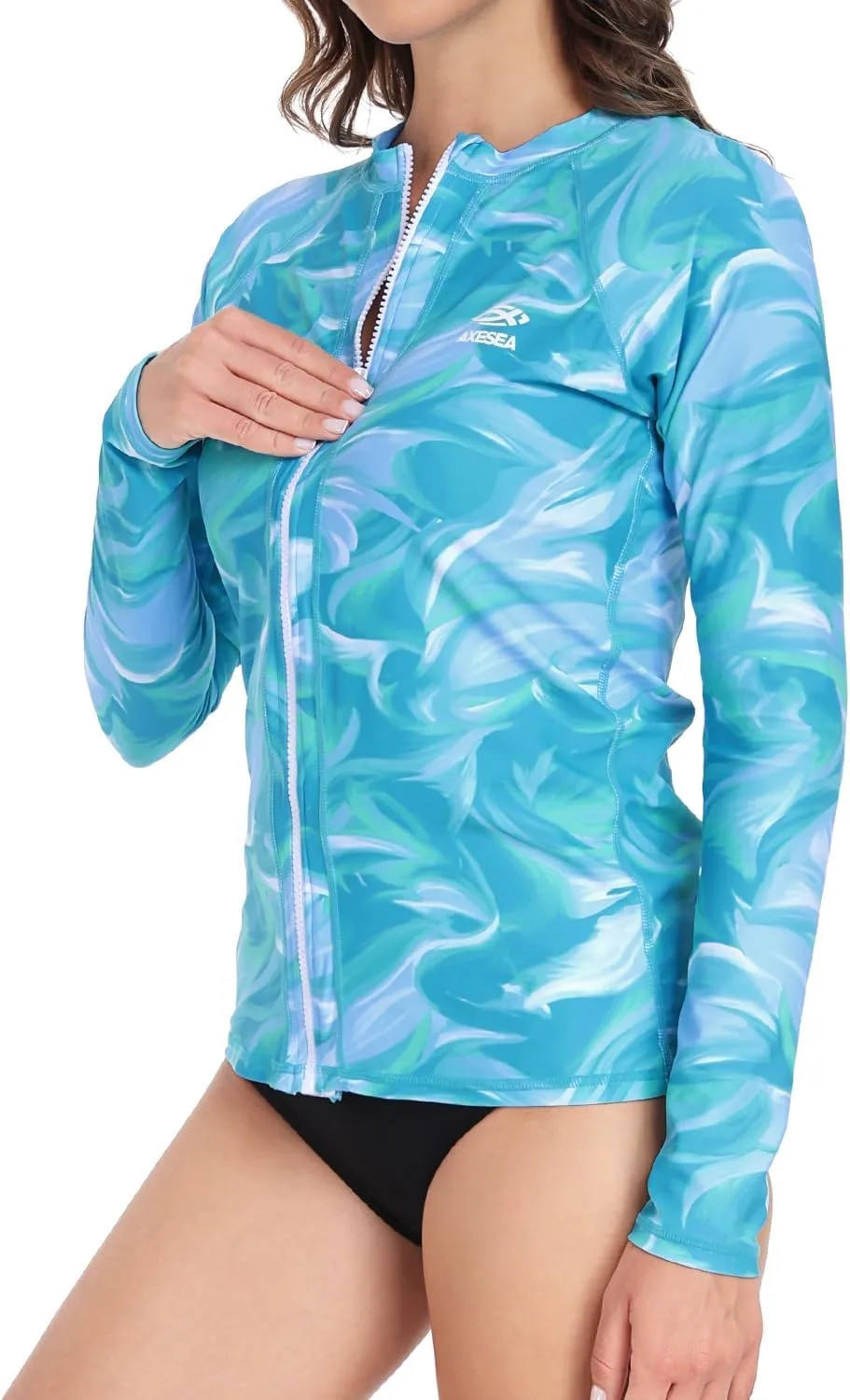 AXESEA Women Long Sleeve Rash Guard UPF 50  UV Sun Protection Zip Front Swimsuit Shirt Printed Surfing Shirt Top