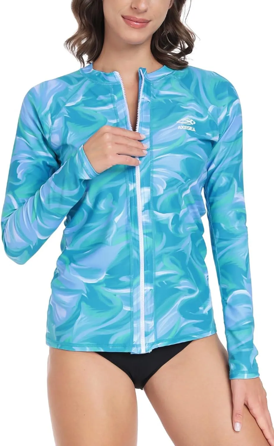 AXESEA Women Long Sleeve Rash Guard UPF 50  UV Sun Protection Zip Front Swimsuit Shirt Printed Surfing Shirt Top