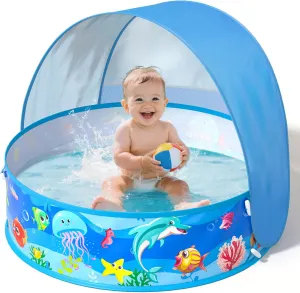 Baby Beach Tent, Pop-Up Above Ground Pool, Foldable Kiddie Pool with Sun Shelter Canopy for Ages 9-48 Months, Toddler Wading Pool, Portable Water Play Sum Toys for Outdoor Activity
