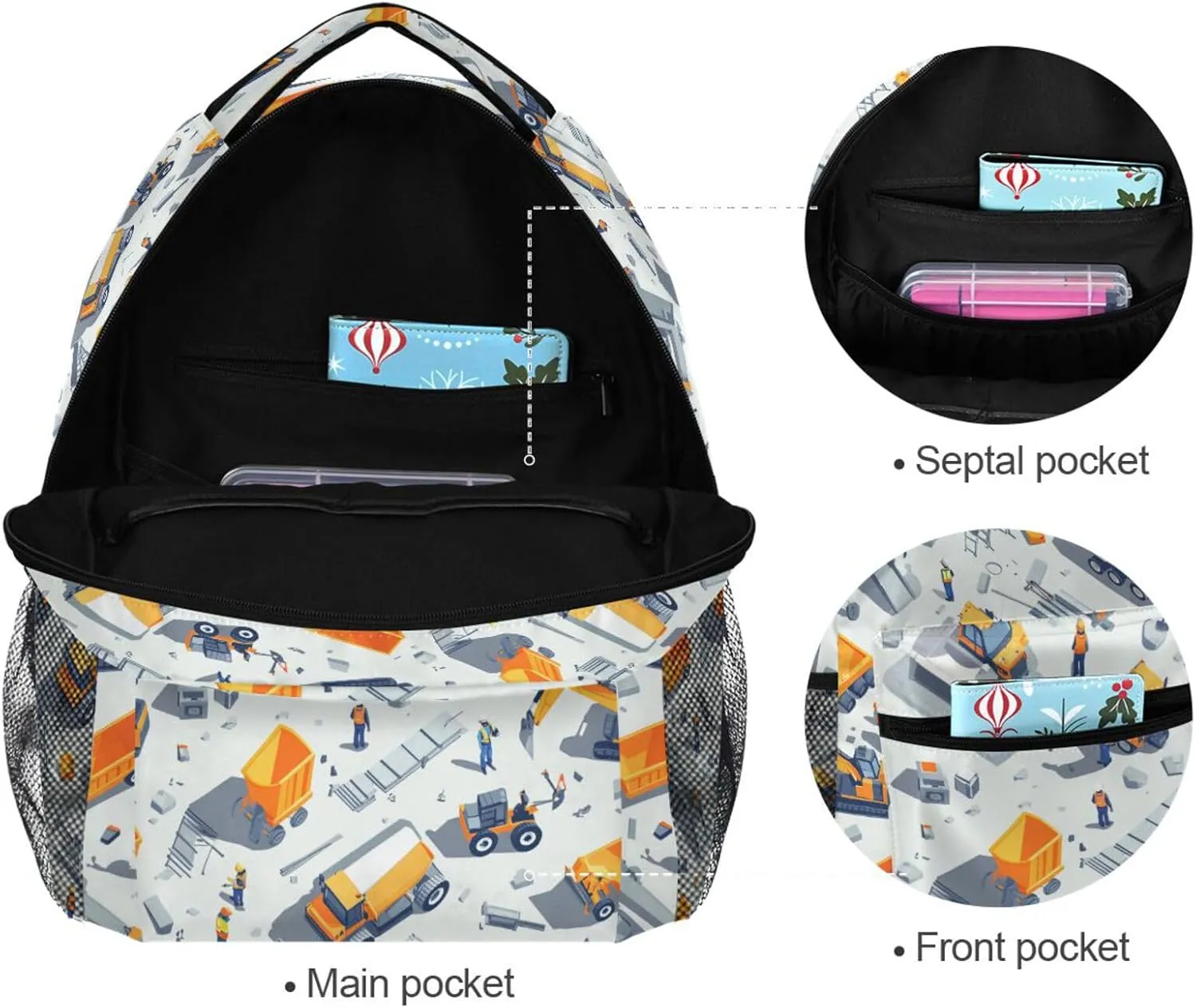 Backpack for Teenager Waterproof Stylish Travel Bags with Chest Strap Gift Men & Women Construction Scene Concrete Mixer Truck Bulldozer