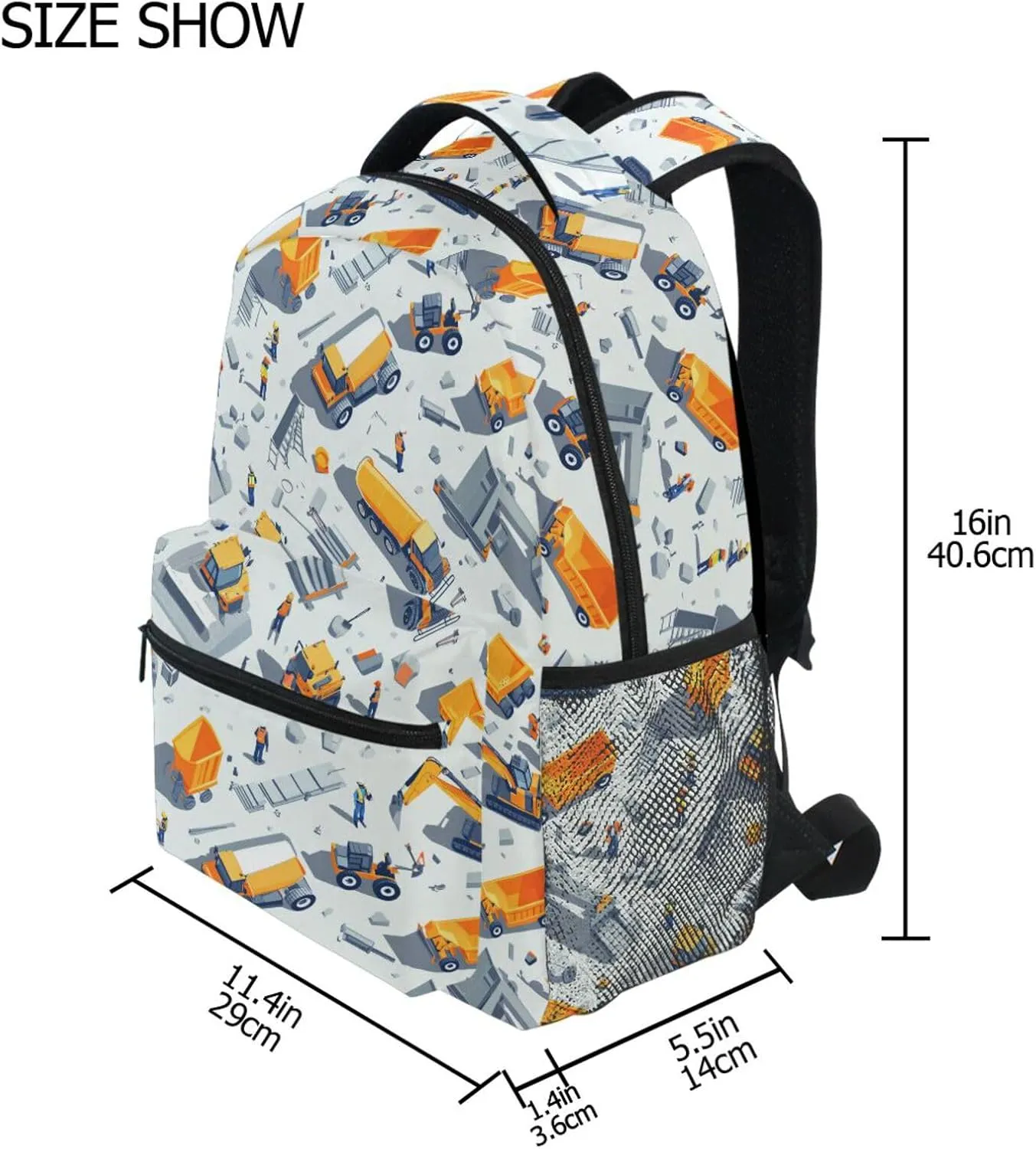 Backpack for Teenager Waterproof Stylish Travel Bags with Chest Strap Gift Men & Women Construction Scene Concrete Mixer Truck Bulldozer