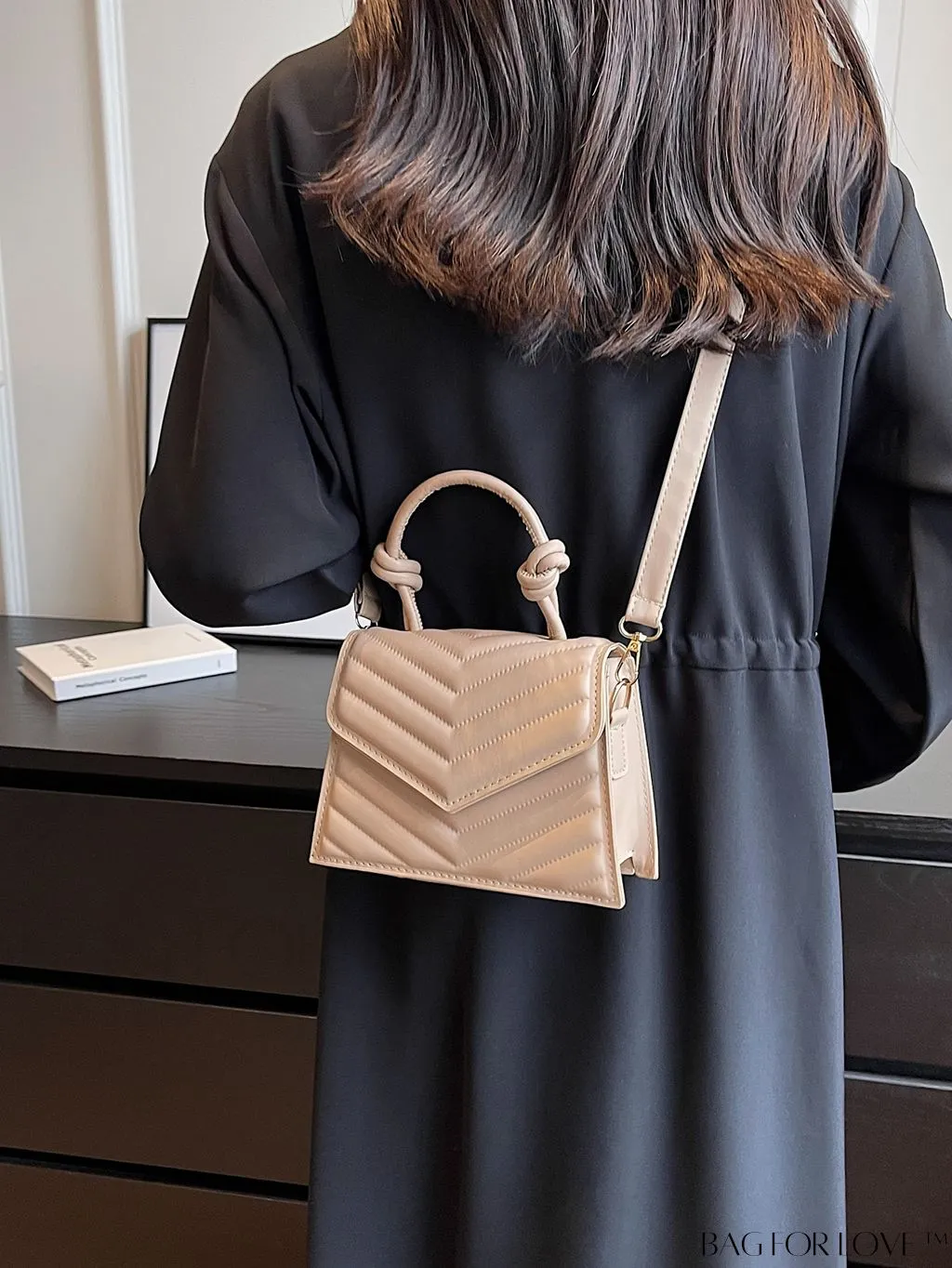 BagForLove - Adjustable Strap Mini Flap Handbag: Stylish V-shaped Print with Fashionable Appeal