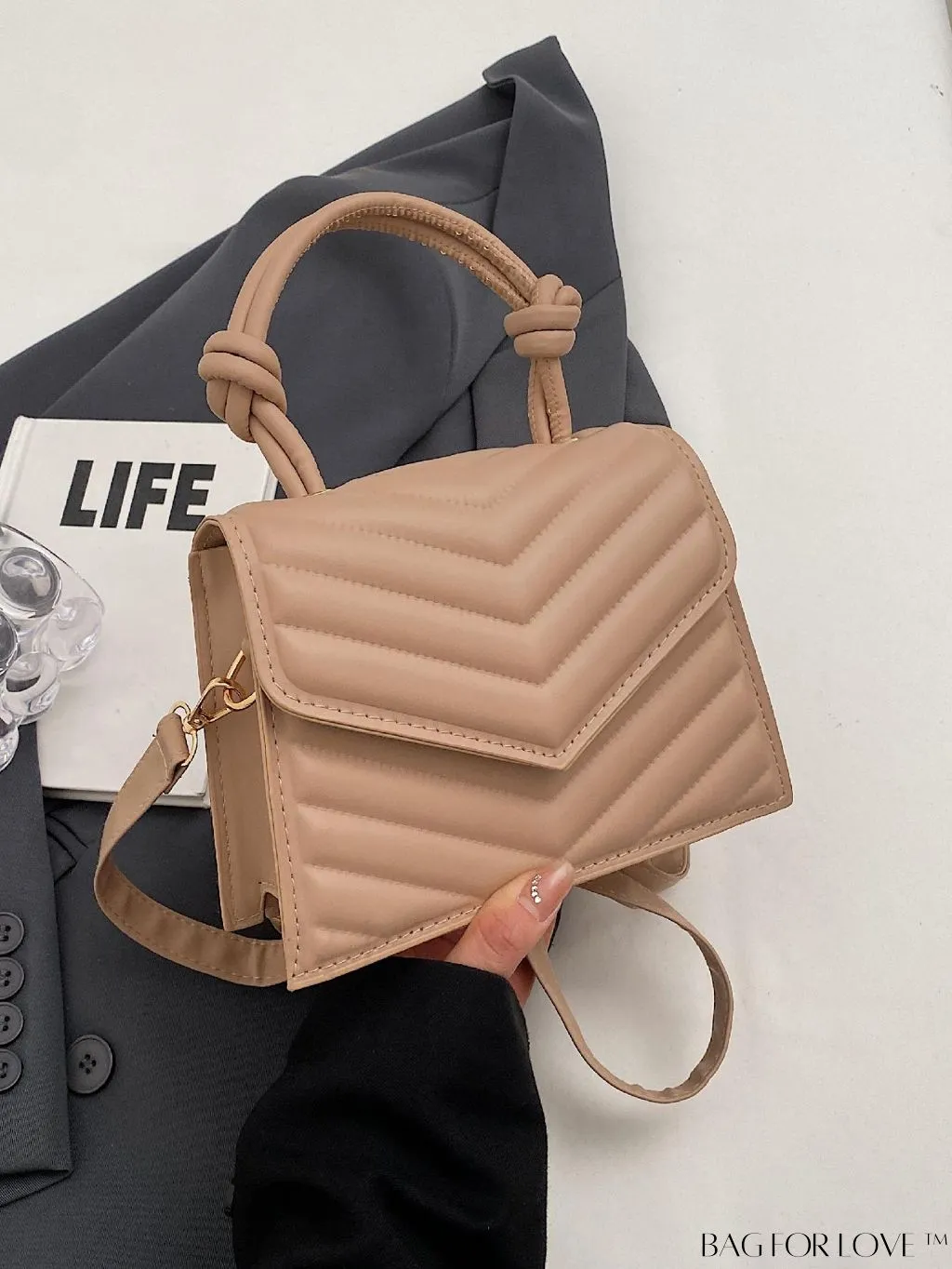 BagForLove - Adjustable Strap Mini Flap Handbag: Stylish V-shaped Print with Fashionable Appeal