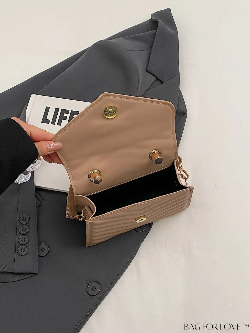 BagForLove - Adjustable Strap Mini Flap Handbag: Stylish V-shaped Print with Fashionable Appeal