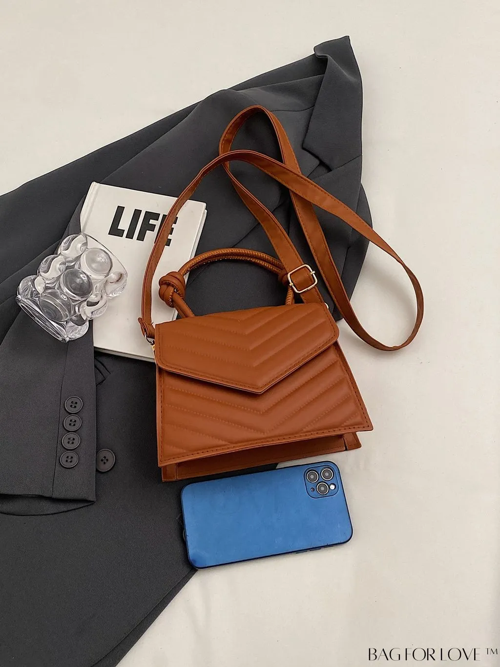 BagForLove - Adjustable Strap Mini Flap Handbag: Stylish V-shaped Print with Fashionable Appeal