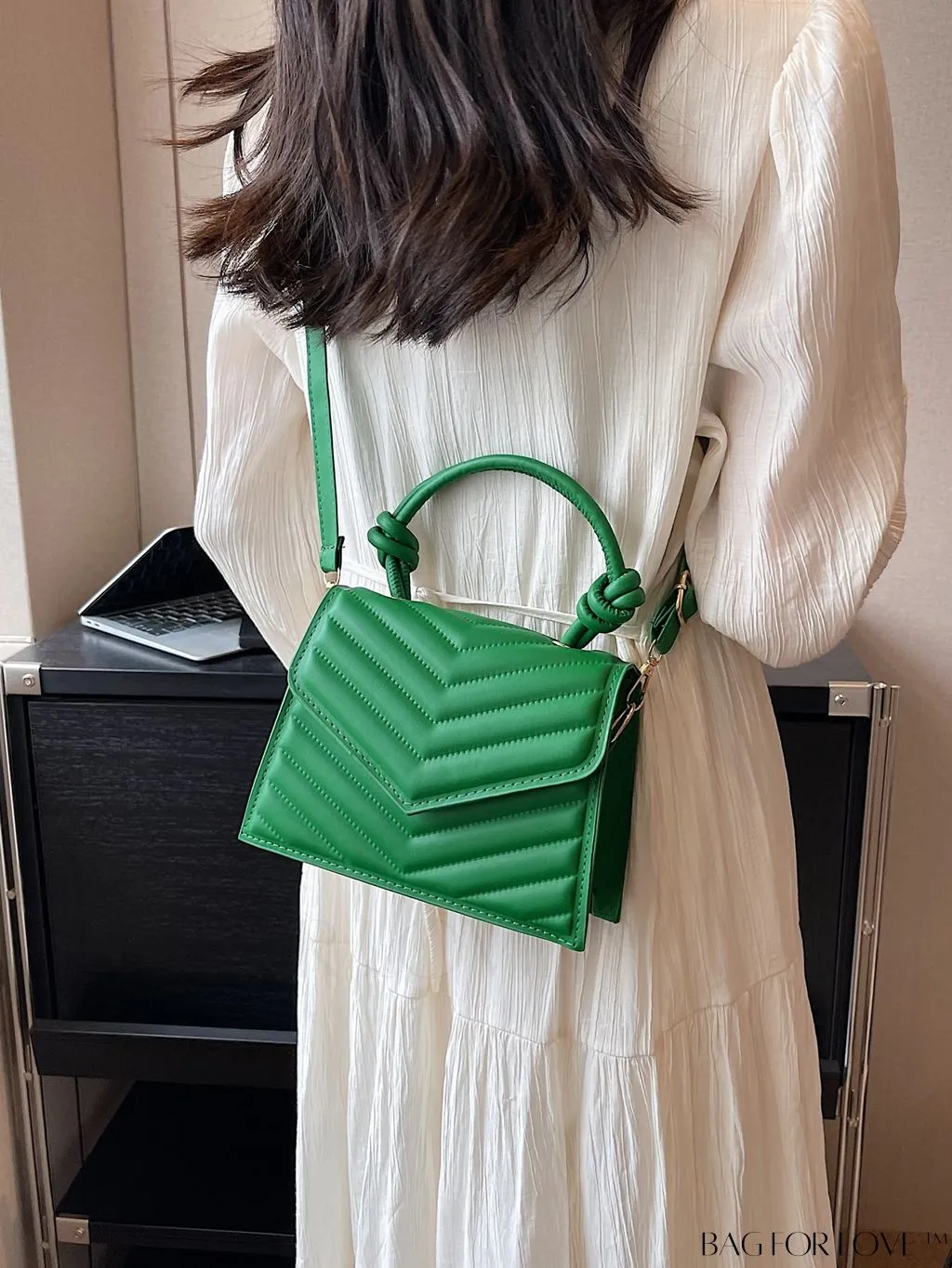 BagForLove - Adjustable Strap Mini Flap Handbag: Stylish V-shaped Print with Fashionable Appeal