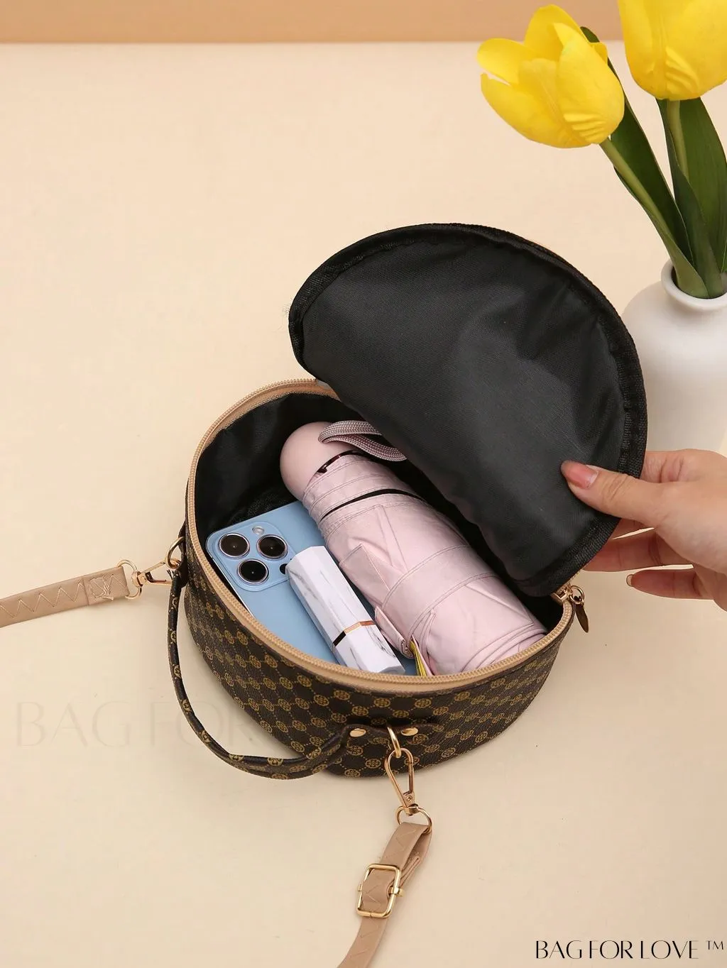 BagForLove - Quilted Mini Circle Bag with Metal Decor - Stylish Top Handle for Daily Use
