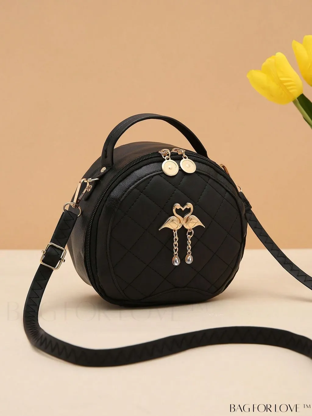 BagForLove - Quilted Mini Circle Bag with Metal Decor - Stylish Top Handle for Daily Use