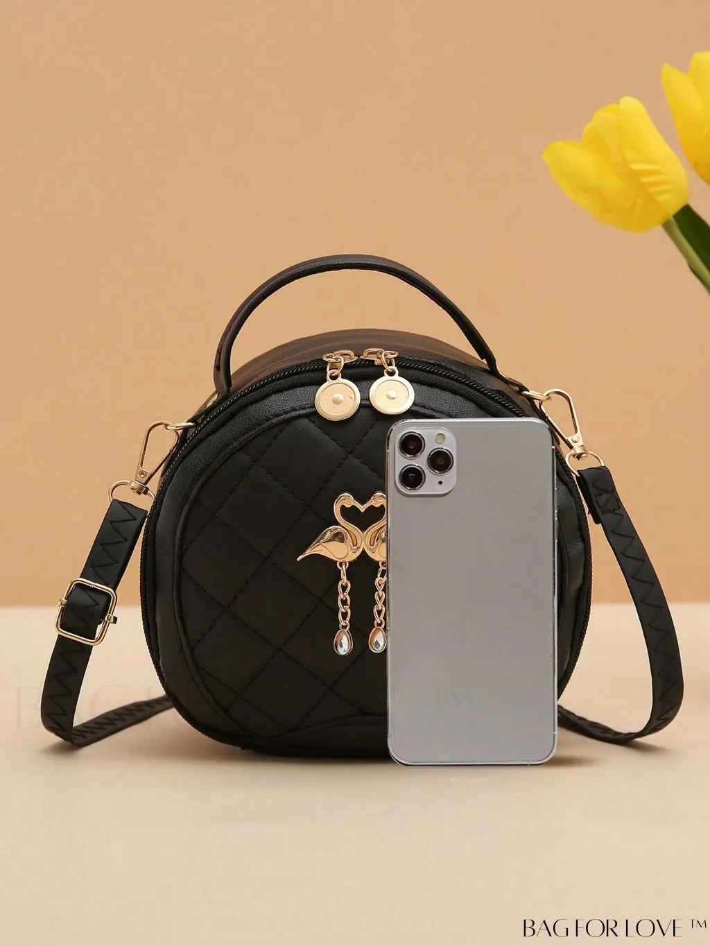 BagForLove - Quilted Mini Circle Bag with Metal Decor - Stylish Top Handle for Daily Use