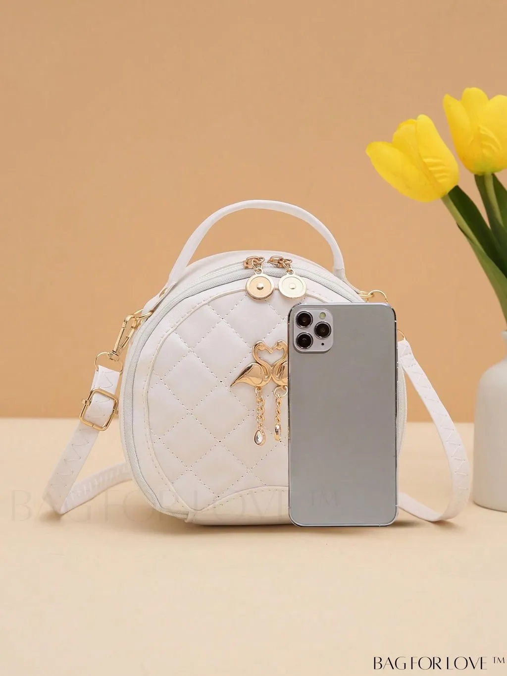 BagForLove - Quilted Mini Circle Bag with Metal Decor - Stylish Top Handle for Daily Use