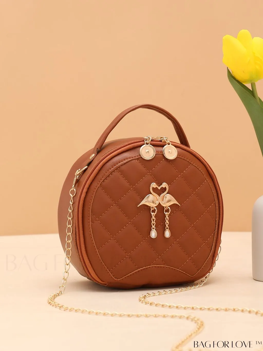BagForLove - Quilted Mini Circle Bag with Metal Decor - Stylish Top Handle for Daily Use