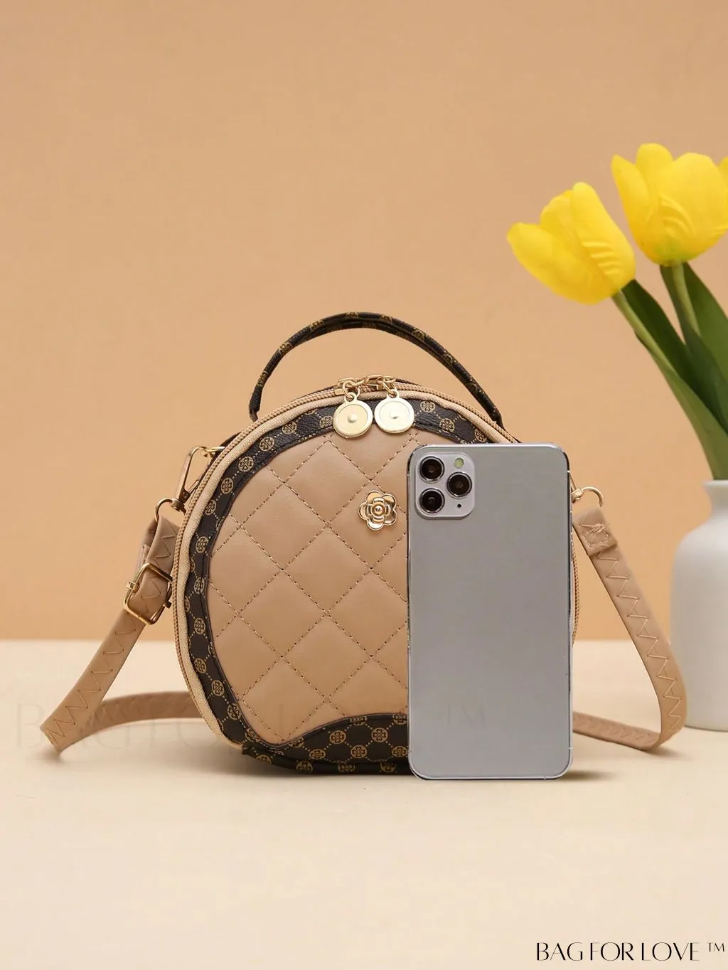 BagForLove - Quilted Mini Circle Bag with Metal Decor - Stylish Top Handle for Daily Use