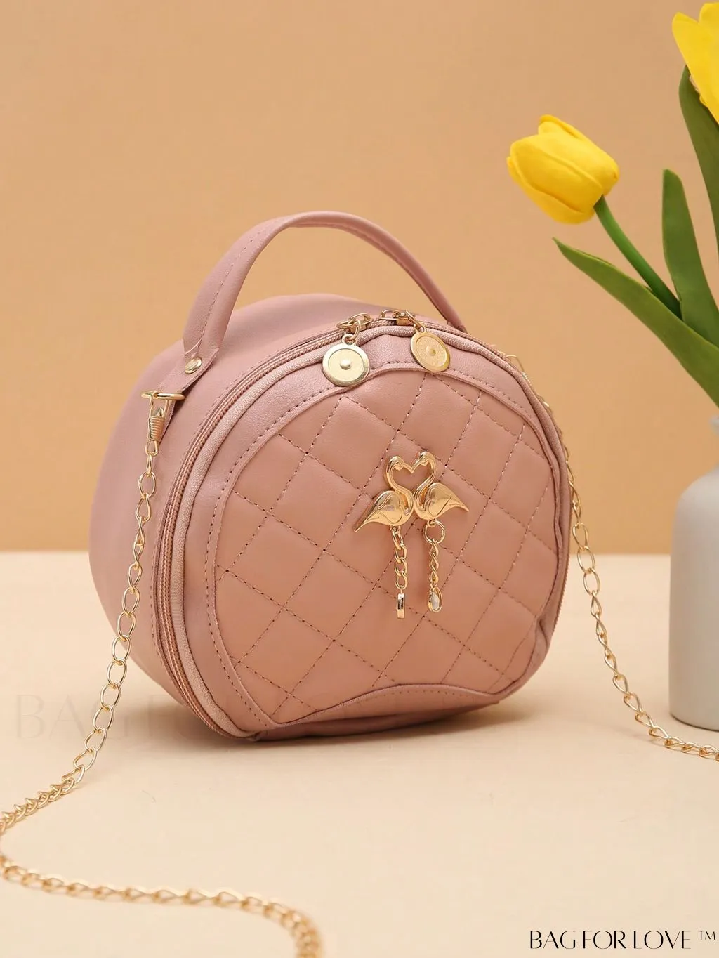 BagForLove - Quilted Mini Circle Bag with Metal Decor - Stylish Top Handle for Daily Use