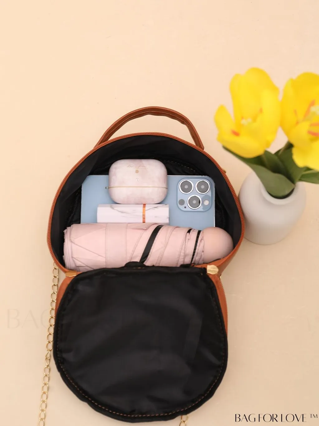 BagForLove - Quilted Mini Circle Bag with Metal Decor - Stylish Top Handle for Daily Use