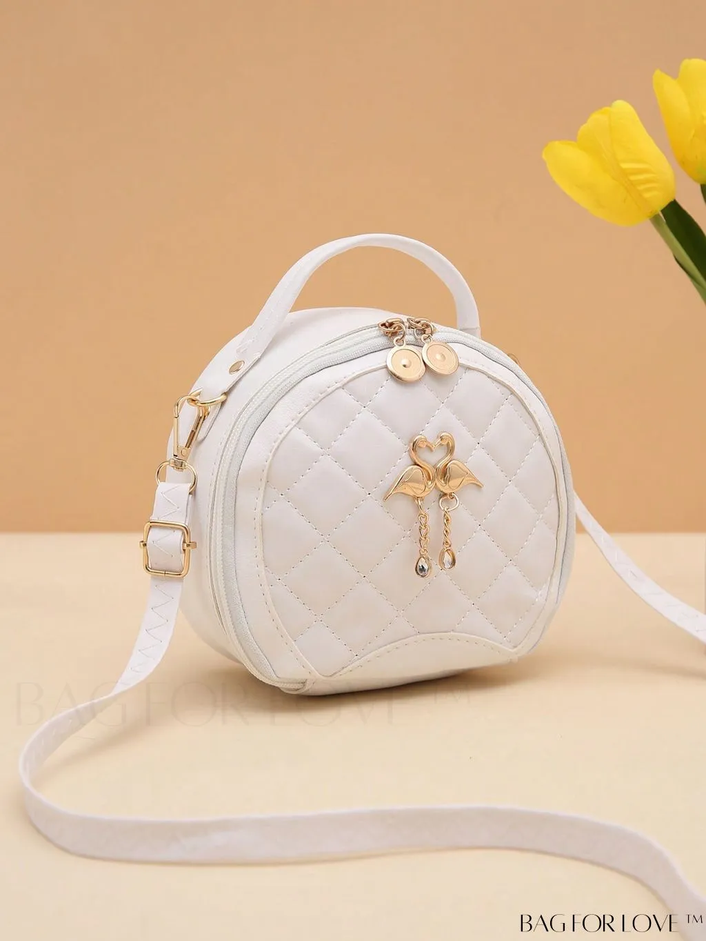 BagForLove - Quilted Mini Circle Bag with Metal Decor - Stylish Top Handle for Daily Use