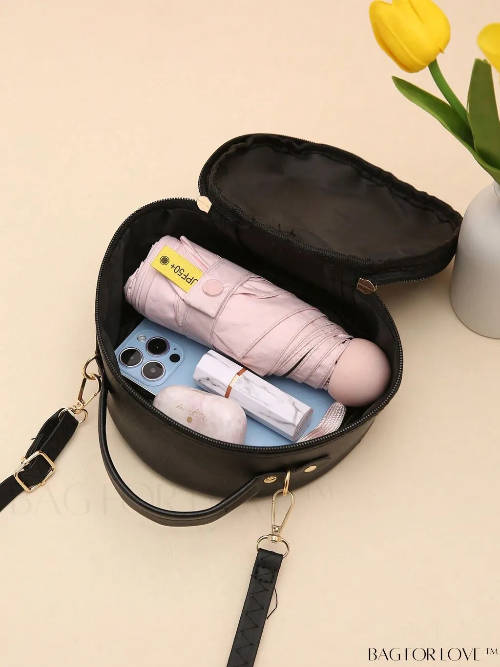 BagForLove - Quilted Mini Circle Bag with Metal Decor - Stylish Top Handle for Daily Use