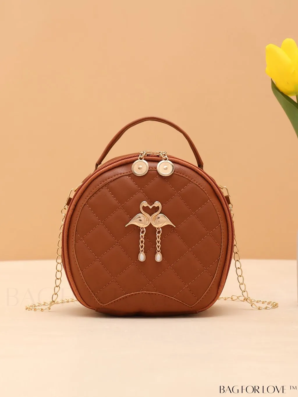 BagForLove - Quilted Mini Circle Bag with Metal Decor - Stylish Top Handle for Daily Use