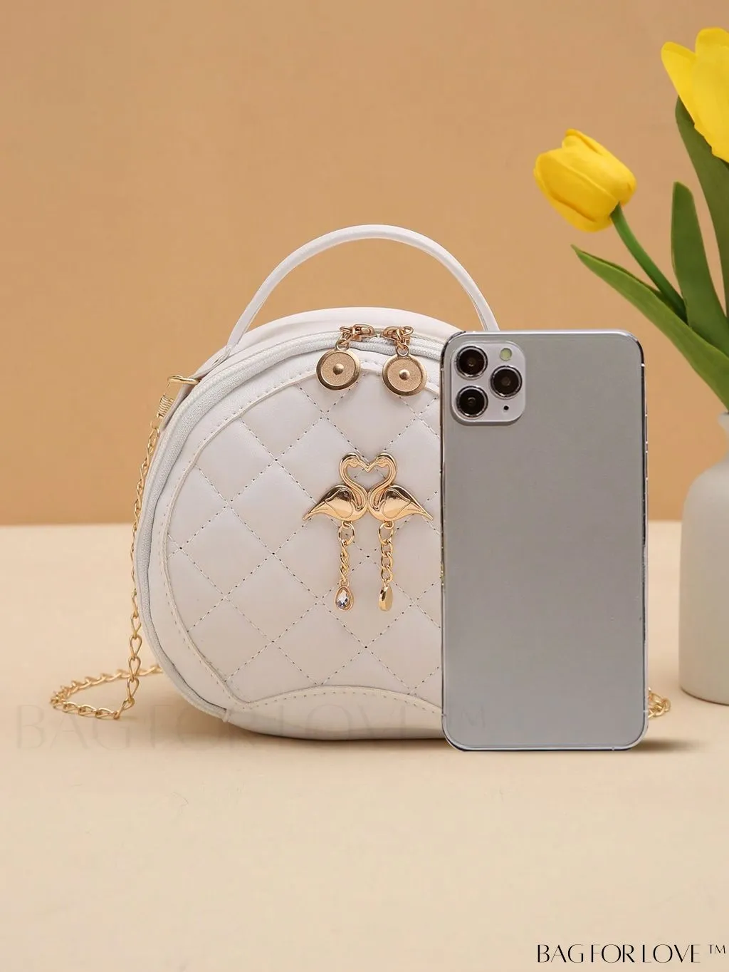 BagForLove - Quilted Mini Circle Bag with Metal Decor - Stylish Top Handle for Daily Use