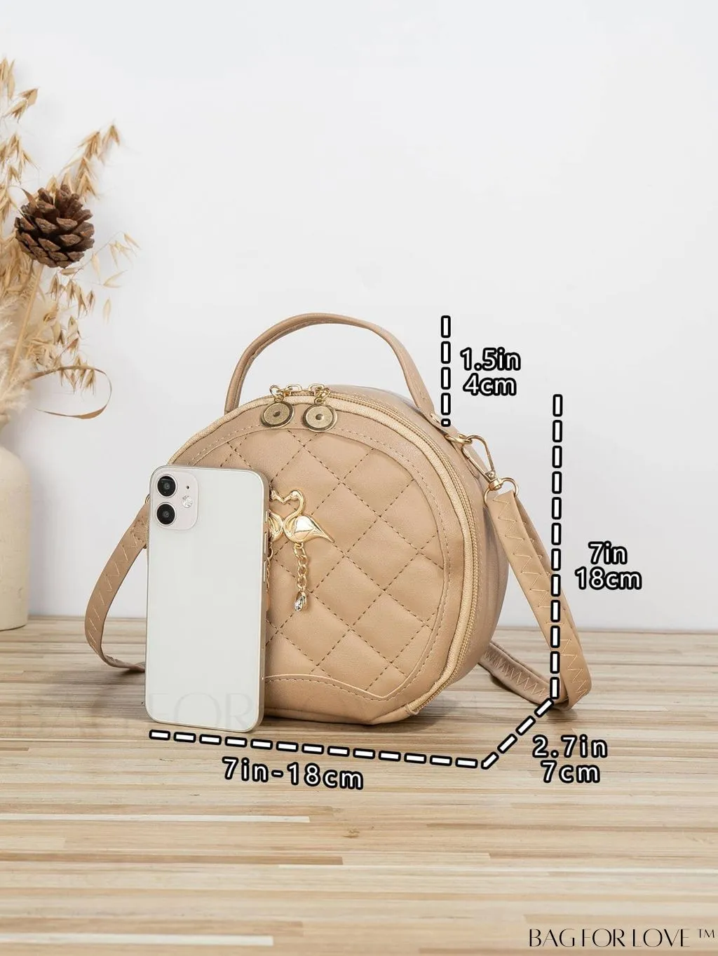 BagForLove - Quilted Mini Circle Bag with Metal Decor - Stylish Top Handle for Daily Use