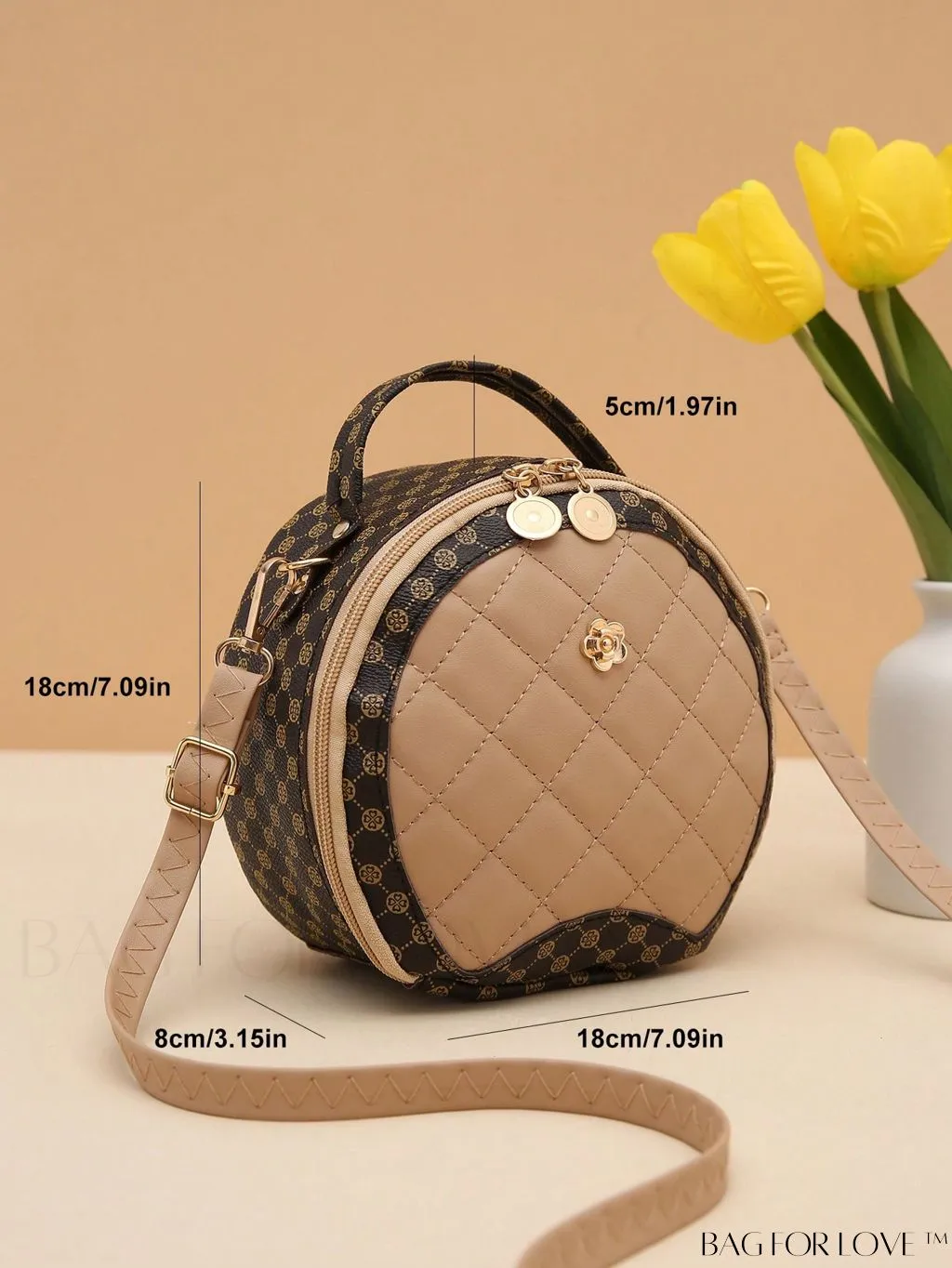 BagForLove - Quilted Mini Circle Bag with Metal Decor - Stylish Top Handle for Daily Use