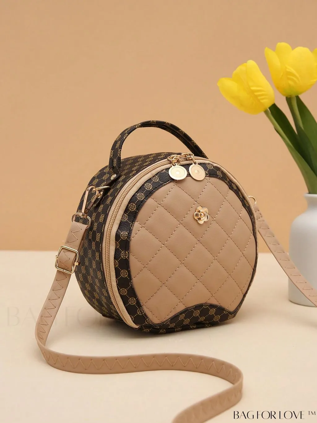 BagForLove - Quilted Mini Circle Bag with Metal Decor - Stylish Top Handle for Daily Use