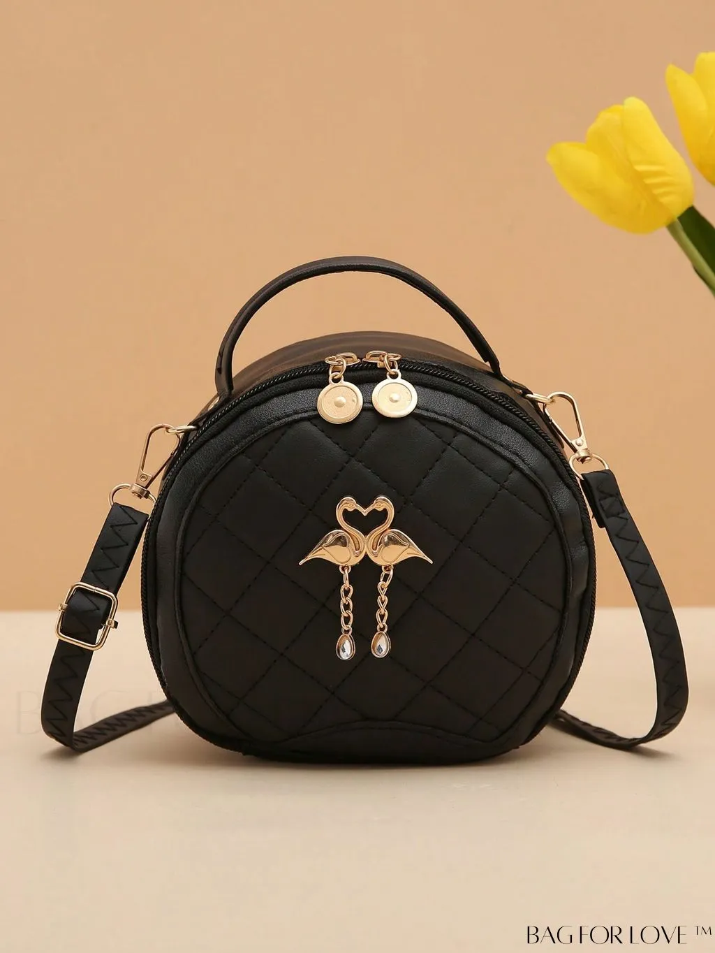 BagForLove - Quilted Mini Circle Bag with Metal Decor - Stylish Top Handle for Daily Use