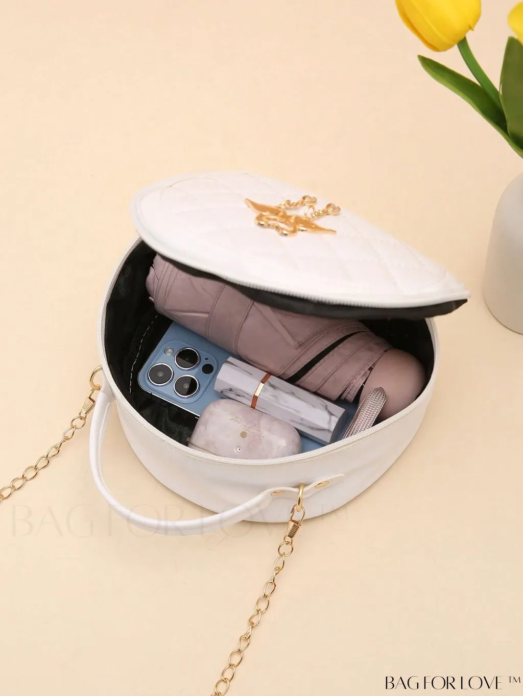 BagForLove - Quilted Mini Circle Bag with Metal Decor - Stylish Top Handle for Daily Use