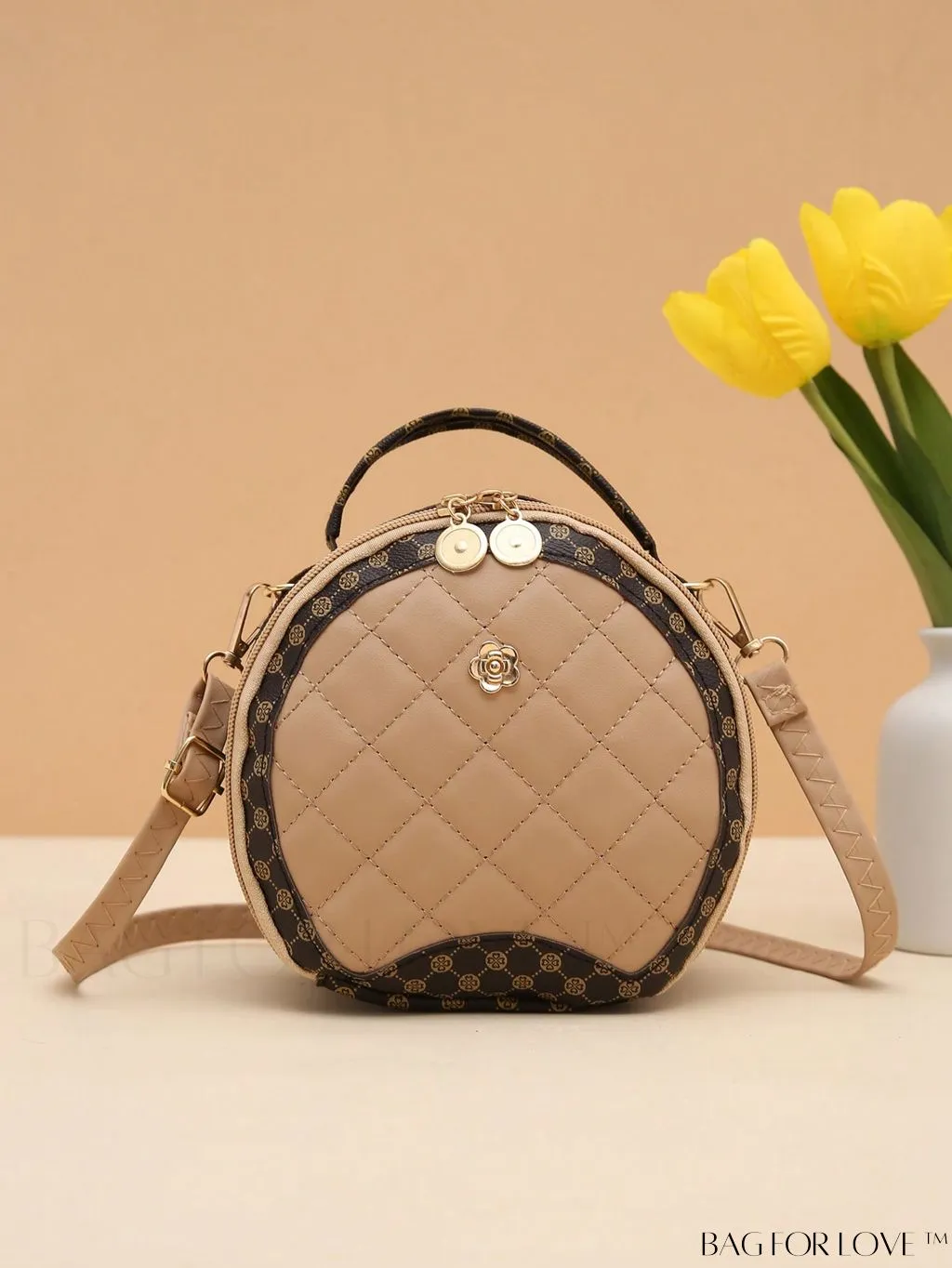 BagForLove - Quilted Mini Circle Bag with Metal Decor - Stylish Top Handle for Daily Use
