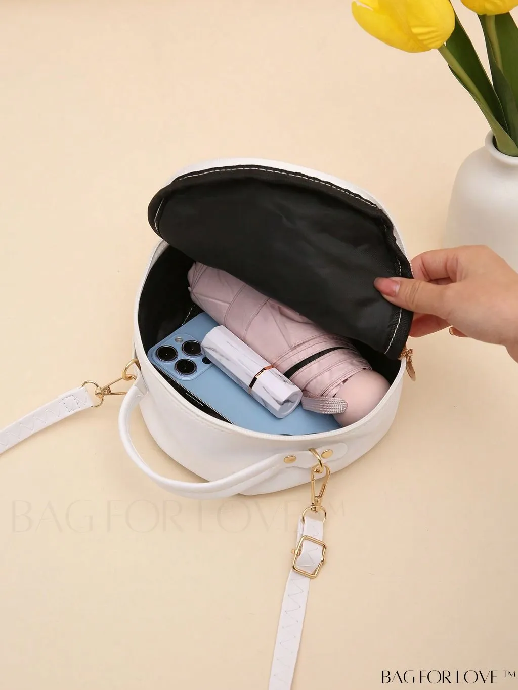 BagForLove - Quilted Mini Circle Bag with Metal Decor - Stylish Top Handle for Daily Use