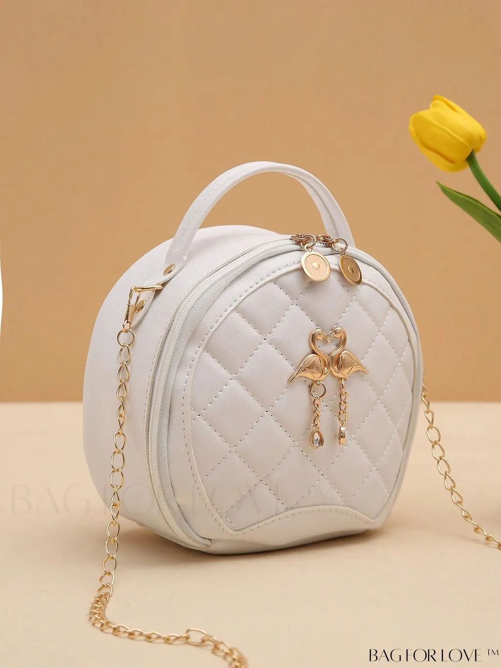 BagForLove - Quilted Mini Circle Bag with Metal Decor - Stylish Top Handle for Daily Use