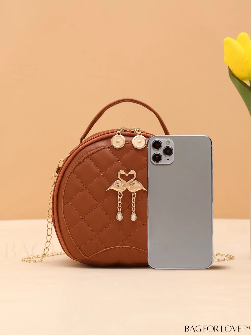 BagForLove - Quilted Mini Circle Bag with Metal Decor - Stylish Top Handle for Daily Use