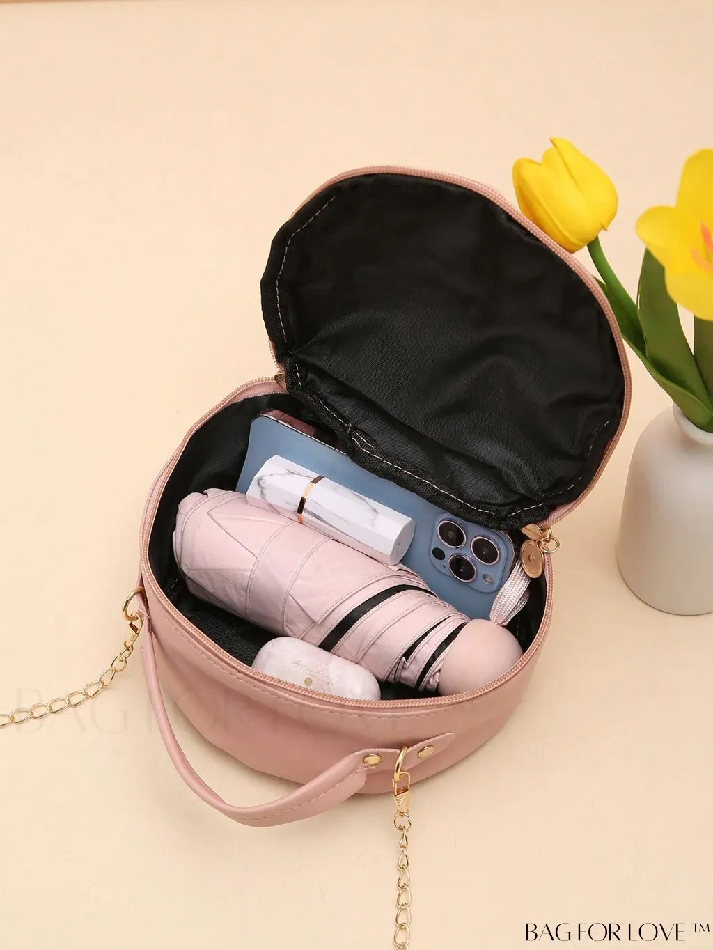 BagForLove - Quilted Mini Circle Bag with Metal Decor - Stylish Top Handle for Daily Use