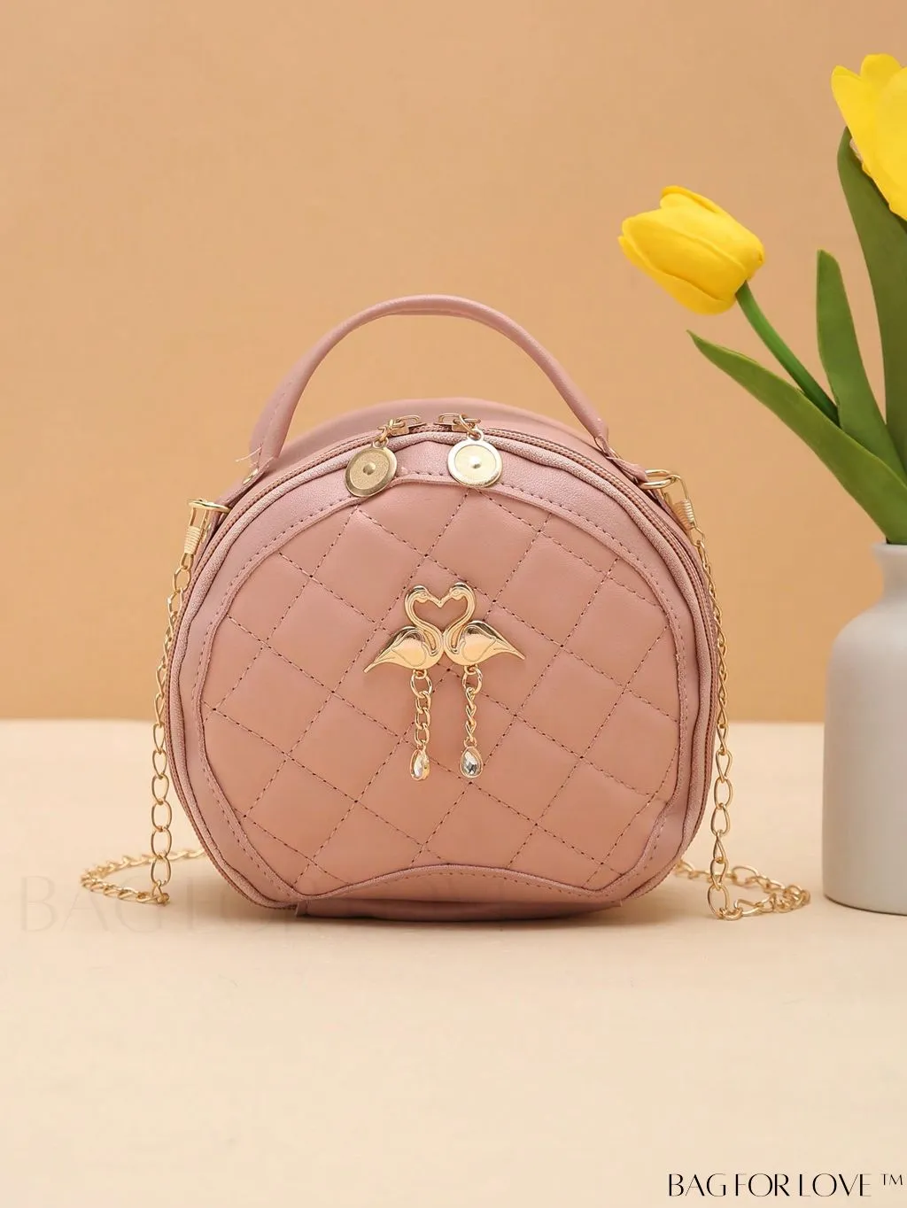 BagForLove - Quilted Mini Circle Bag with Metal Decor - Stylish Top Handle for Daily Use