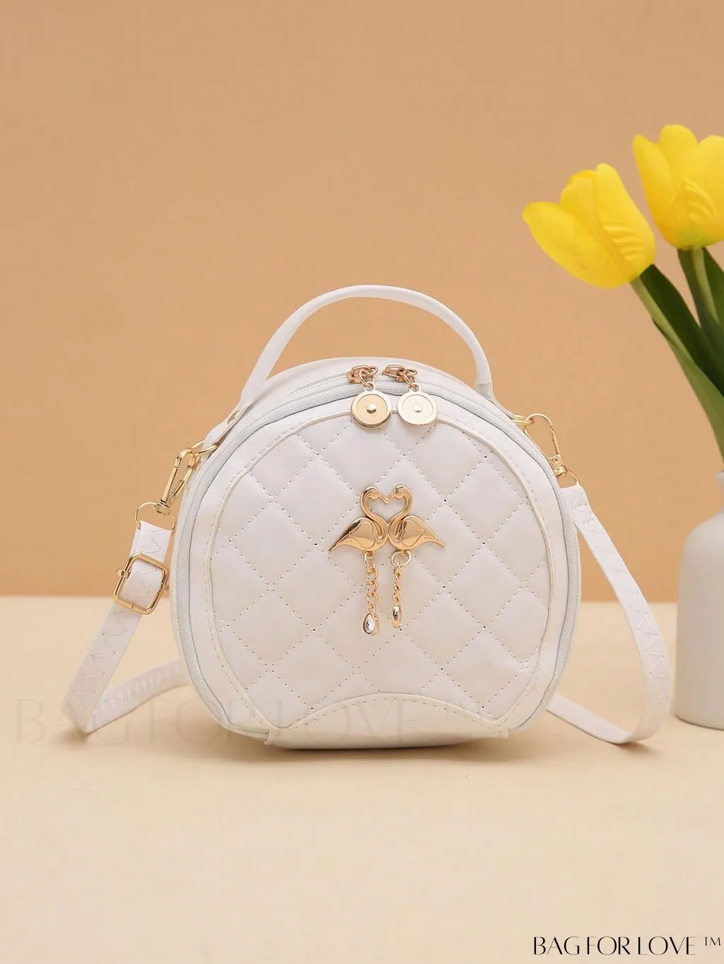 BagForLove - Quilted Mini Circle Bag with Metal Decor - Stylish Top Handle for Daily Use